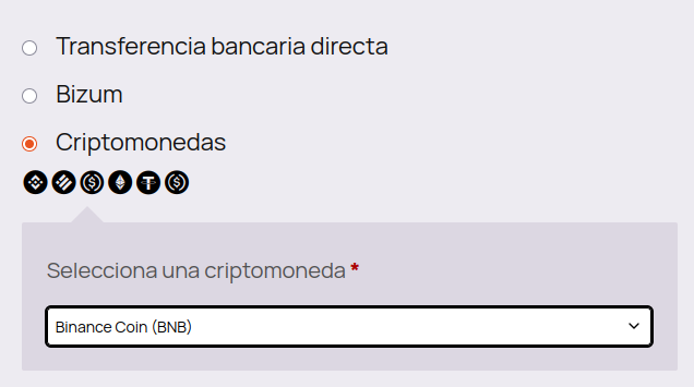 Captura de pantalla que muestra el menú de pago con la opción de criptomonedas en la tienda de KationicKratom