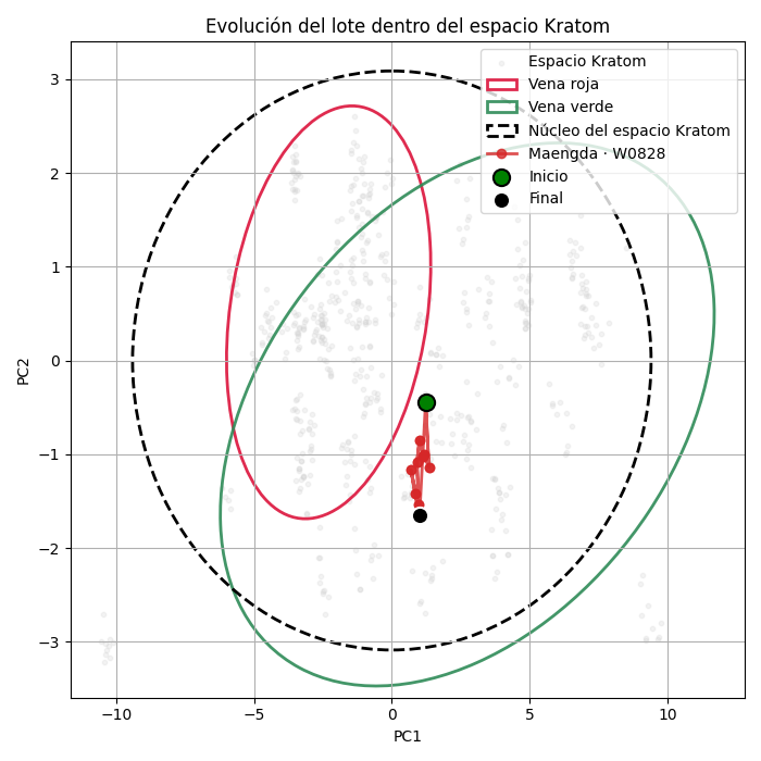 Gráfico que muestra la homogeneidad del lote W0828 de Kratom MaengDa de vena verde dentro del espacio Kratom, según análisis de espectroscopia.