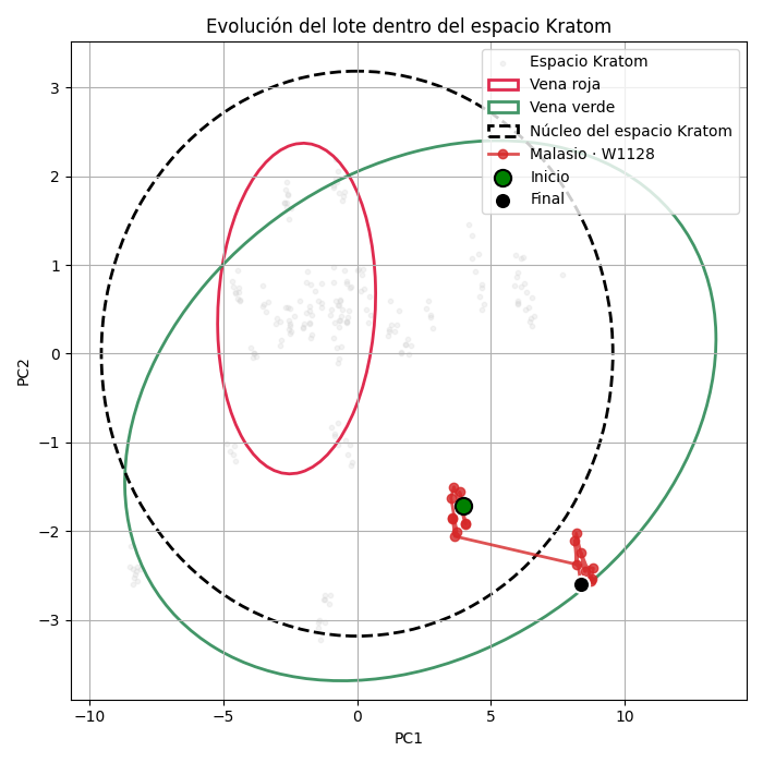 Gráfico que muestra la homogeneidad del lote W1128 de Kratom Malasio estándar dentro del espacio Kratom, según análisis de espectroscopia