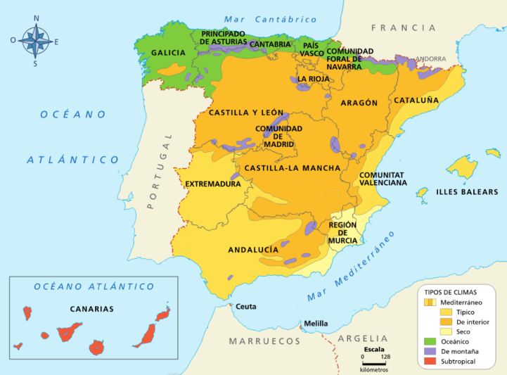 Mapa con los distintos climas en España: el subtropical y mediterráneo típico son los más aptos para el cultivo de Kratom