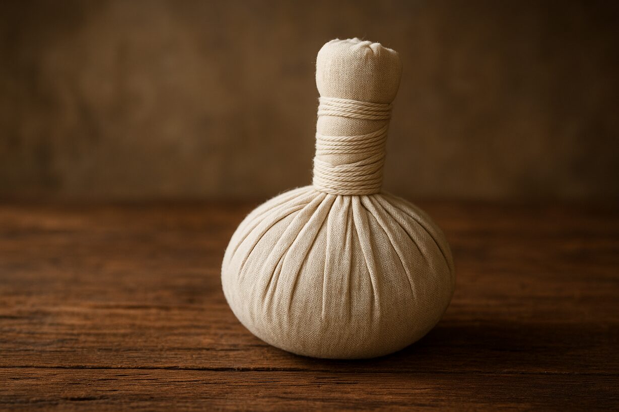 Imagen que muestra una bola de hierbas tailandesa, la cual se usa tradicionalmente para aplicar Kratom sobre la piel
