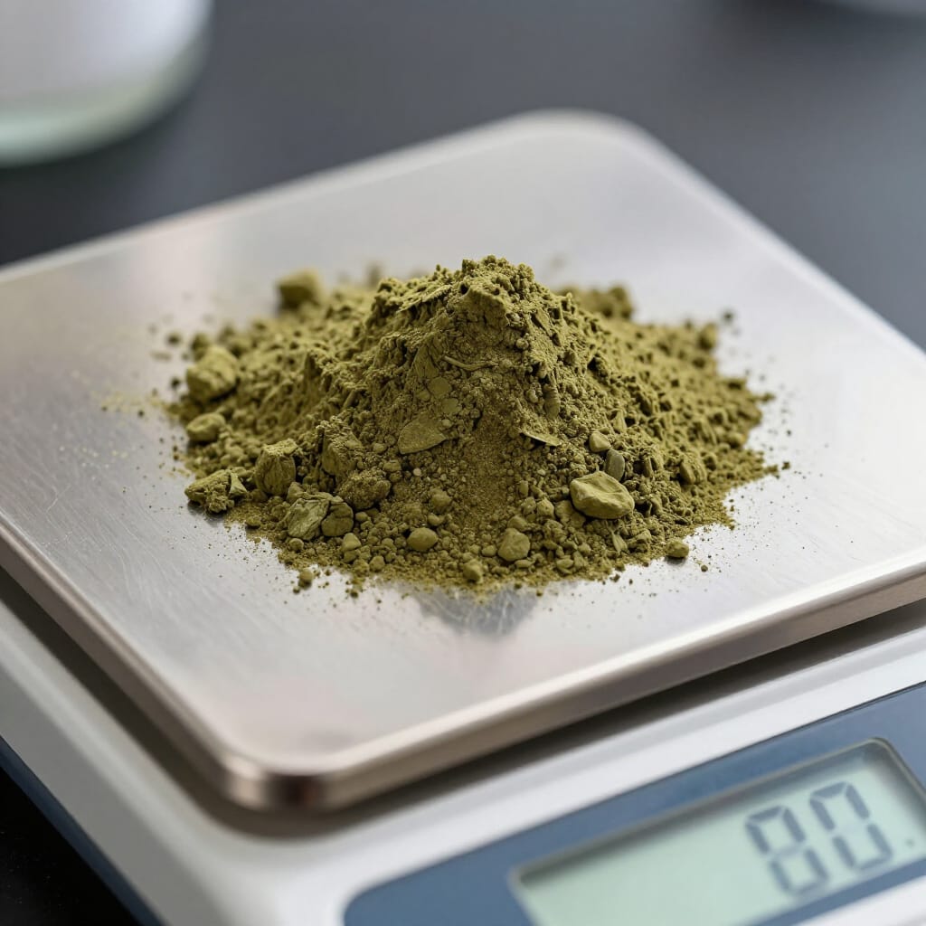 Imagen de cabecera para el artículo sobre cómo dosificar el Kratom. Muestra una pequeña cantidad de Kratom sobre una báscula de precisión.
