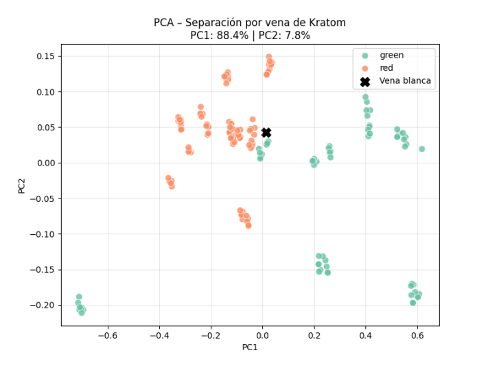 Gráfica PCA que muestra como un producto de Kratom vena blanca presenta propiedades intermedias entre las venas rojas y verdes.