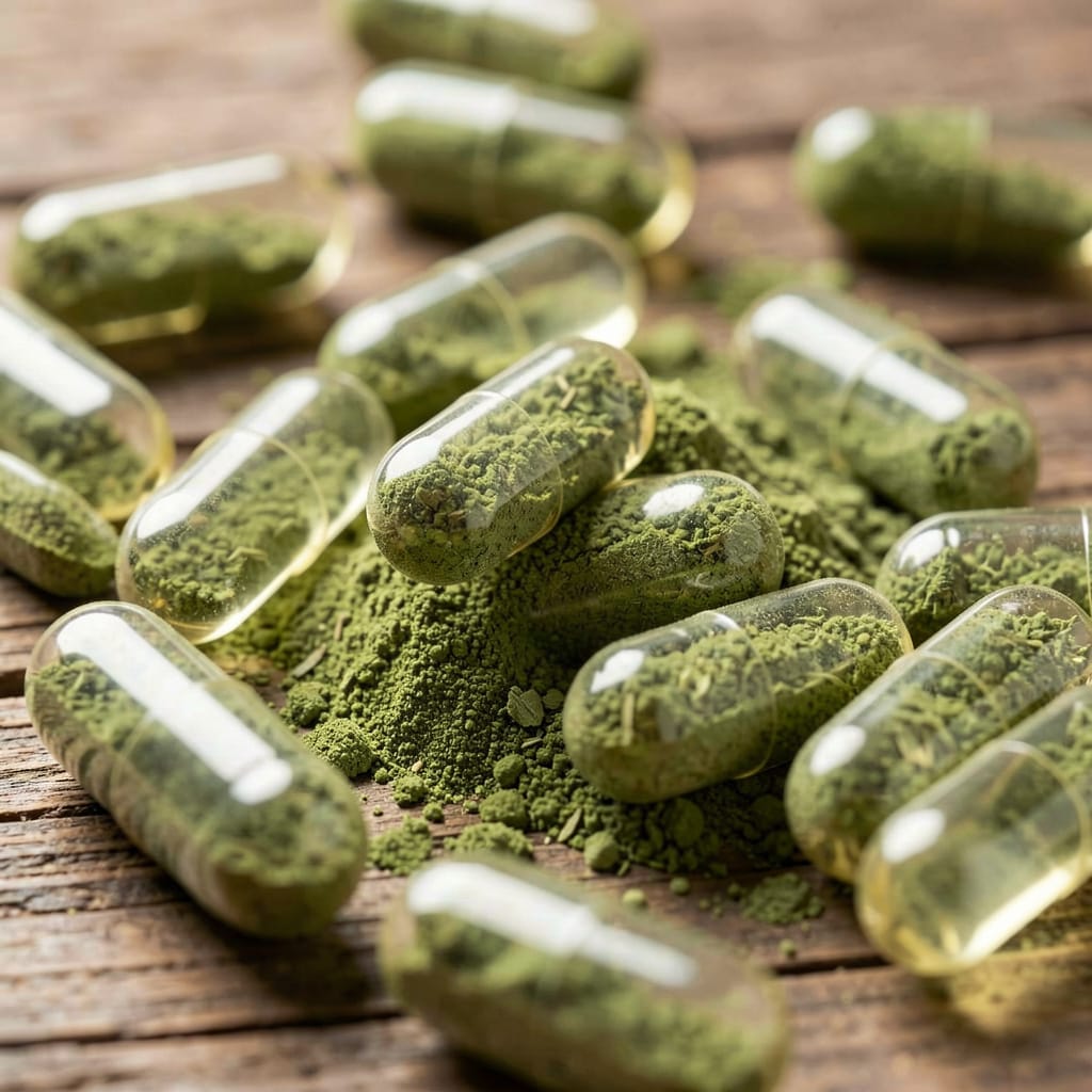 Imagen ilustrativa que muestra cápsulas translúcidas rellenas de Kratom en polvo