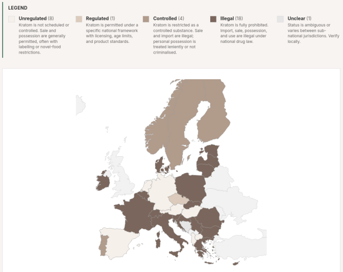 Mapa donde se muestra el estatus legal del Kratom en cada país de la UE. Actualizado en 2026.