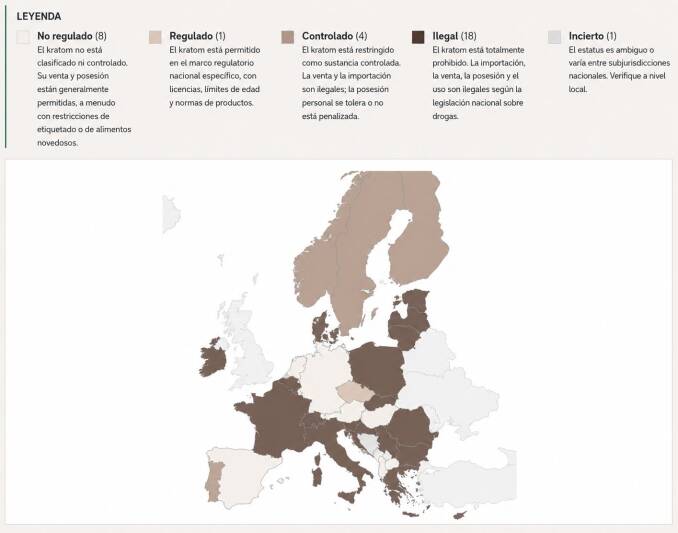 Mapa donde se muestra el estatus legal del Kratom en cada país de la UE. Actualizado en 2026.
