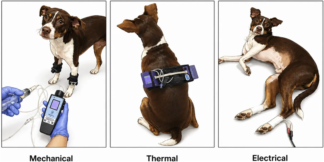 Representación de las pruebas realizadas para medir la sensibilidad al dolor en perros en un ensayo de la Universidad de Florida
